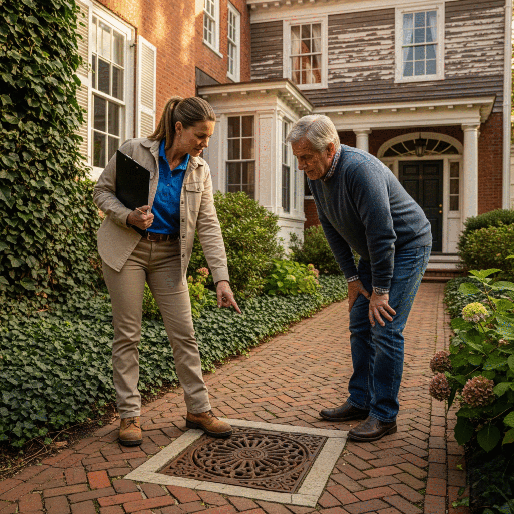 image of a contractor consulting with a homeowner in a historic yard