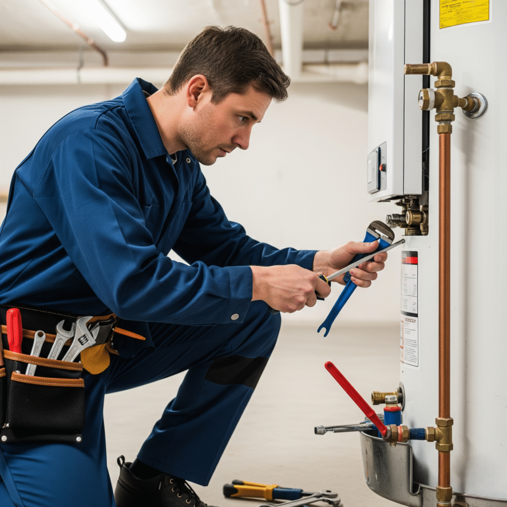 plumber servicing a water heater