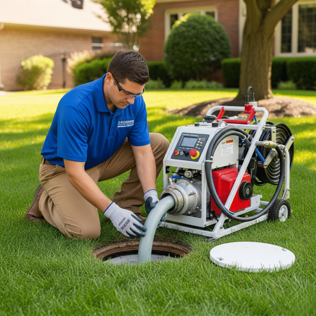 technician feeding a liner into a sewer cleanout